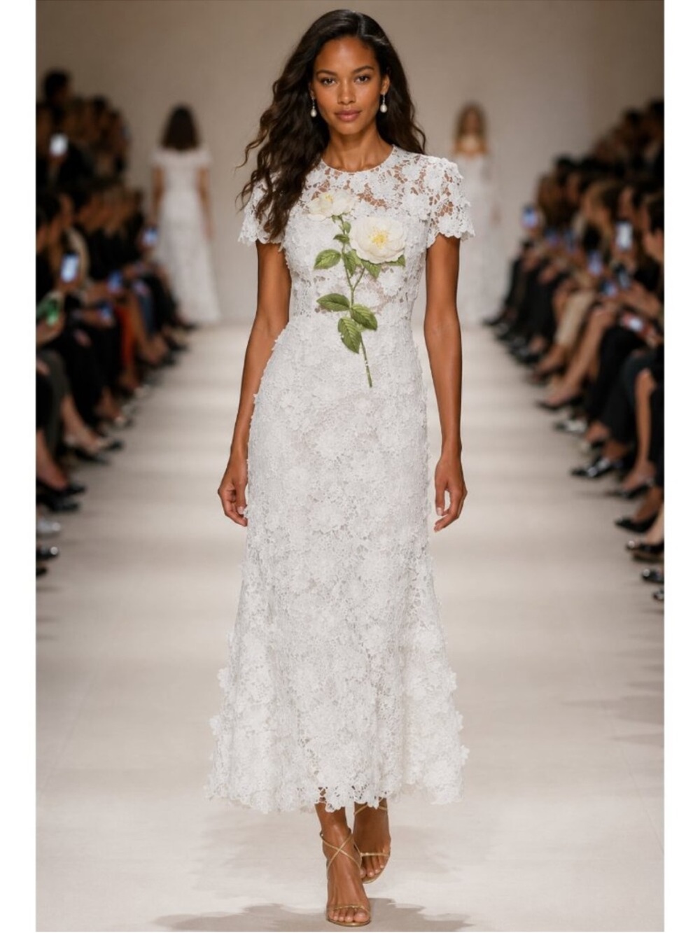 Leo Lin Embroidered Lace Floral Midi Dress White Bridal Sz 6